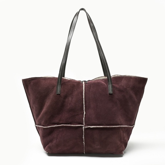 CRISTINA Suede Tote Bag with Shearling Trim and Lining Made in Italy - Picture 3 of 9